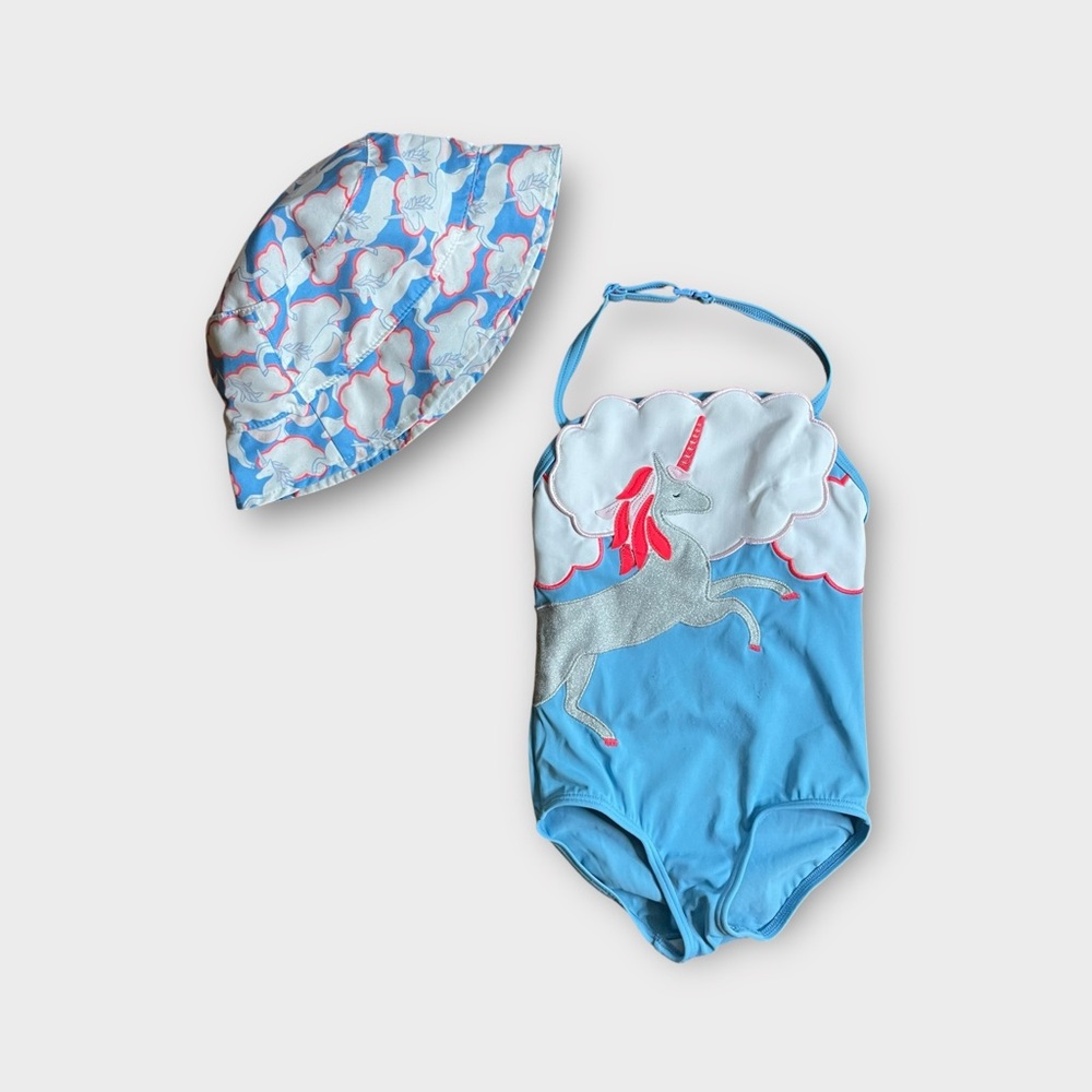 Mini Boden Unicorn Cloud Applique Swimsuit & Hat Bundle